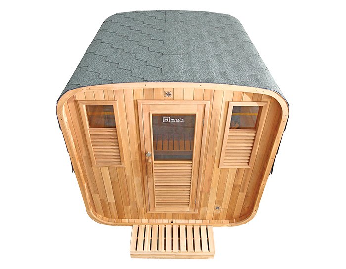 Sauna exterior Gaïa Nova em abeto · pack completo com salamandra PO80 e acessórios