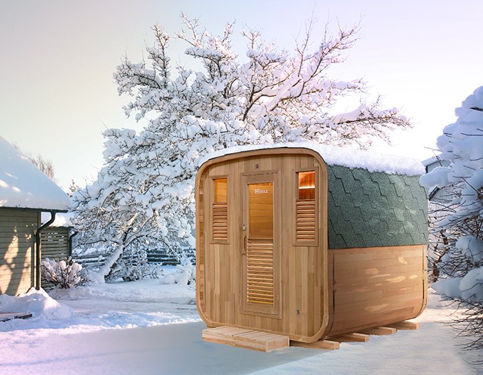 Sauna exterior Gaïa Nova em abeto · pack completo com salamandra PO80 e acessórios
